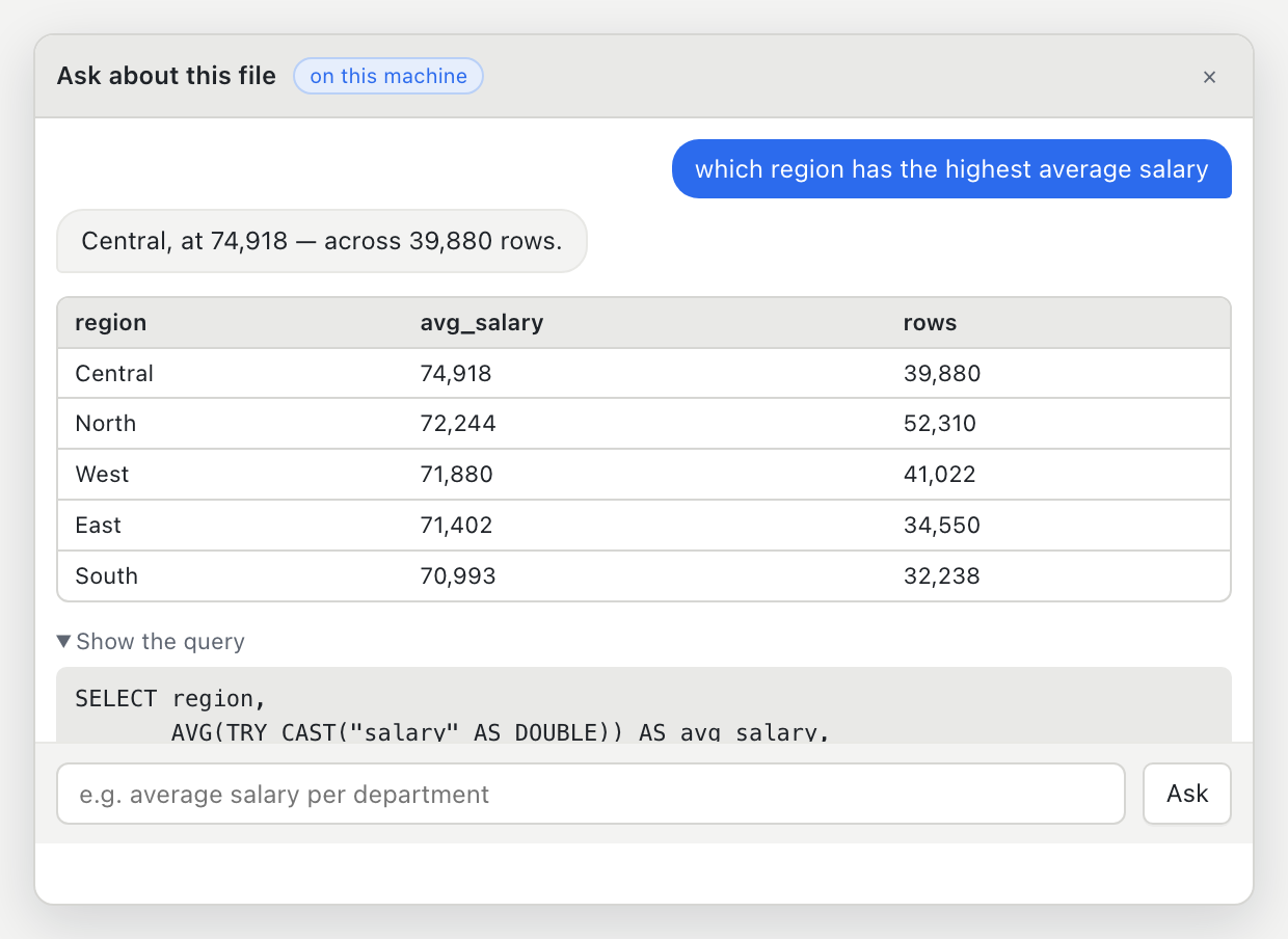 The BigXL chat panel answering which region has the highest average salary, with a result table and the generated SQL shown
