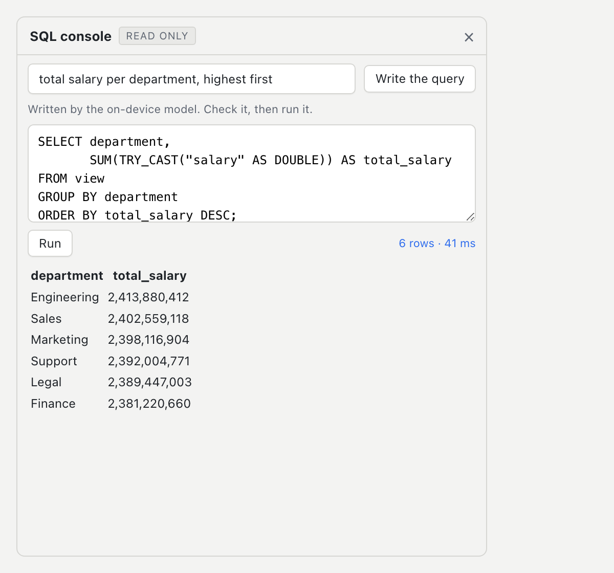 The read-only SQL console, with a query written from plain English by the on-device model and its results below